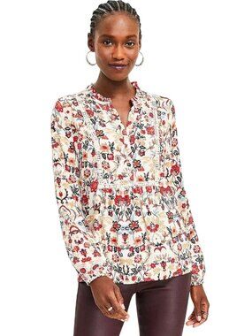 Loft Forest Lace Trim Mixed Media Bohemian Tunic Blouse Size XL